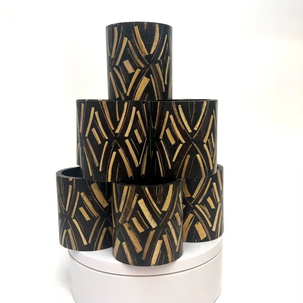 Vintage Pier 1 Napkin Rings Set 10 Wood Inlay Tribal Geometric Boho